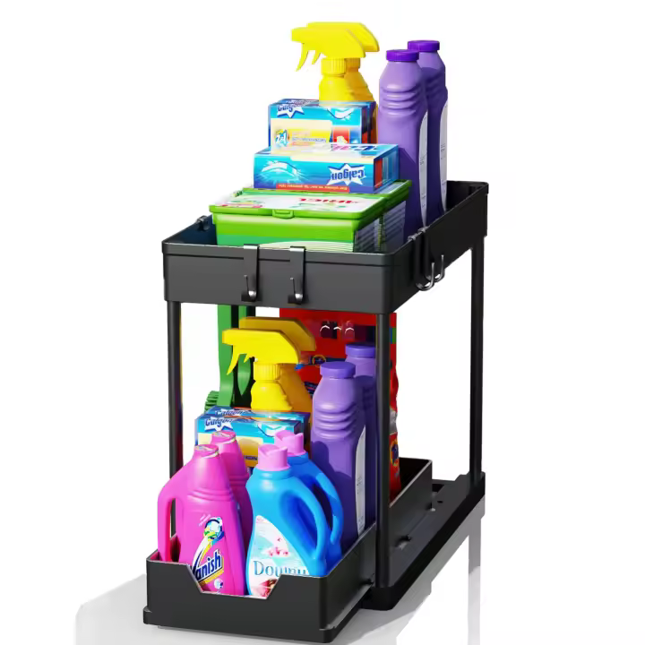 KingnetStore - Organizador Forma L de Cocina Fregadero con 4 Ganchos, Organizador de Baño, Gabinete de 2 Niveles, Extraíble, Espacio Estrecho para Organizador y Almacenamiento por debajo del fregadero, Estantería deslizante de 2 niveles para Baño y Cocina - 1