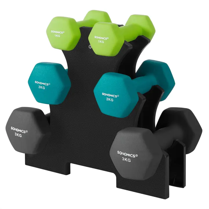 SONGMICS - Juego de mancuernas, 3 pares, 2 x 1 kg, 2 x 2 kg, 2 x 3 kg, soporte de almacenamiento, gimnasio y musculación, revestimiento de neopreno antideslizante - 1