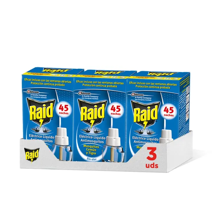 Raid - Recambio para difusor eléctrico anti mosquitos comunes y tigre, 3 x 45 noches (Pack 3 recambios, 135 noches) ) - 1