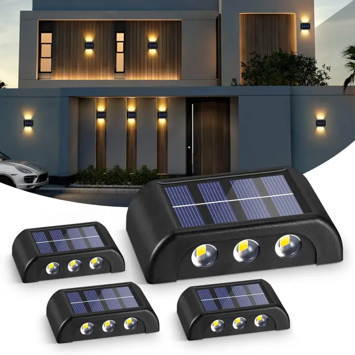 PORCHEDDU SOMY Luces Solares para Exterior, paquete de 4 Luces Solares para Jardín al Aire Libre, Luz de pared LED Blanca Cálida IP65, Luces Solares impermeables Hacia Arriba y hacia Abajo para Jardín, patio balcón, valla, Luz de pared al Aire Libre - 1
