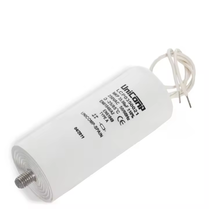 Greenice | CONDENSADOR PLASTICO 35 Uf 250Vac 10% 50/60Hz Hilos 200mm - 1
