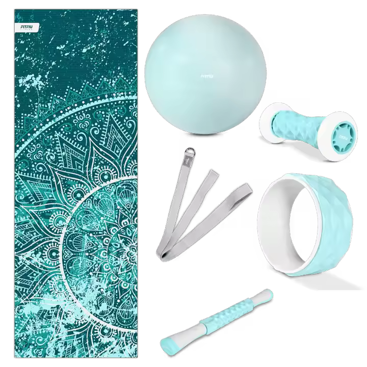 Fitfiu Fitness KITWELL-600 - Pack de 6 Accesorios Yoga Pilates Color Lila Que Incluye Esterilla, Pelota, Rueda, masajeador de pie, Barra de Masaje y Correa de Yoga - 1