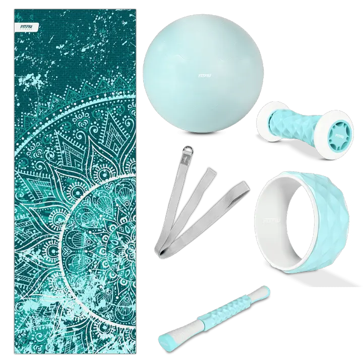 Fitfiu Fitness KITWELL-600 - Pack de 6 Accesorios Yoga Pilates Color Lila Que Incluye Esterilla, Pelota, Rueda, masajeador de pie, Barra de Masaje y Correa de Yoga - 1