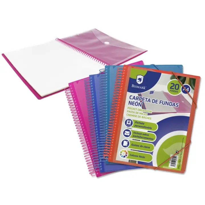 CARPETA BISMARK CON FUNDAS A4 PERSONALIZABLE CON GOMAS Y SOBRE PORTADOCUMENTOS COLORES NEON Y PASTEL - 1