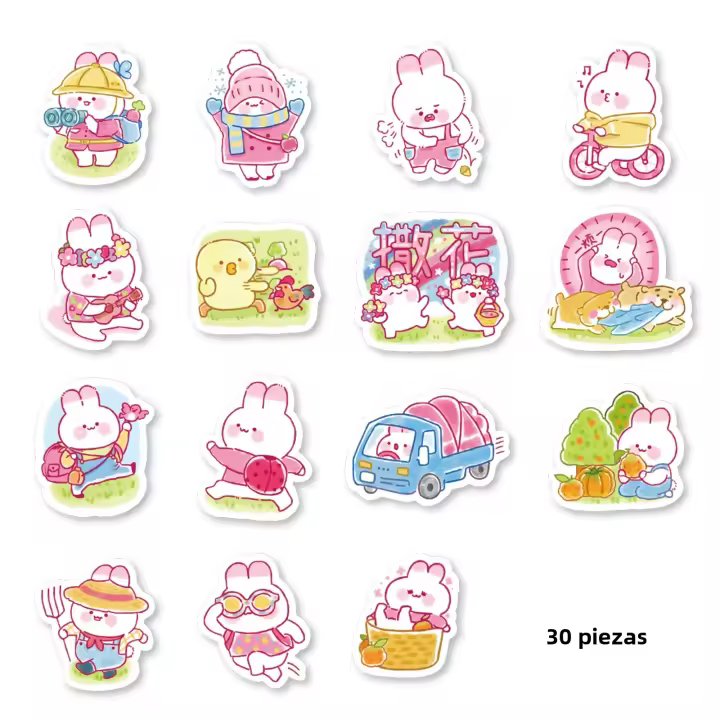 30pcs Pegatinas De Conejo Lindo Graffiti De Dibujos Animados Para Decorar Cuaderno Maleta Moto Scrapbook PVC Impermeable Decales Para Niños Mayores De 3 Años - 1