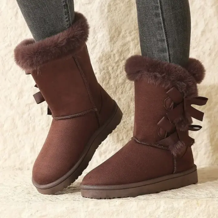 Botas Largas Retro De Peluche Grueso Para Mujer 2024 Color Sólido No Esmerilado Antideslizante Marrón Con Hebilla Botines De Invierno Con Suela Plancha Y Lining De Plush - 1