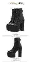 Botas De Motociclista Para Mujer Con Plataforma Y Tacón Alto Negras Con Hebilla Y Botón Lateral Estilo Punk Zapatos Con Cordones Material PU Y Caucho - details 0