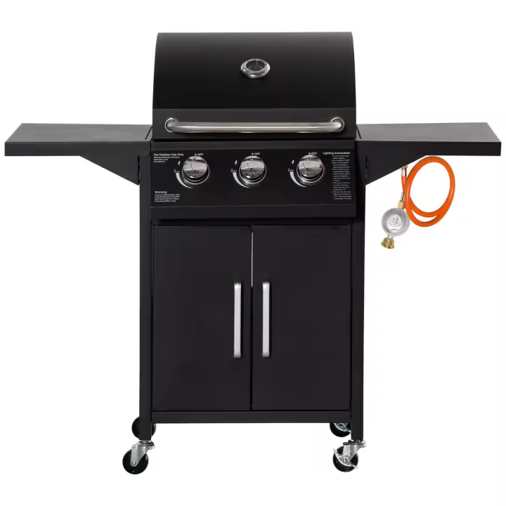 Parrilla de gas con 3 hemisores, 3 kW, Carro de Parrilla Móvil sobre Rueda, Mesa lateral de Parrilla reductor de presión, Manguera 121x55x109 cm - 1