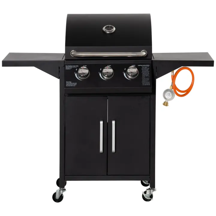 Parrilla de gas con 3 hemisores, 3 kW, Carro de Parrilla Móvil sobre Rueda, Mesa lateral de Parrilla reductor de presión, Manguera 121x55x109 cm - 1