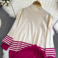 Conjunto De Ropa De Mujer REALEFT Otoño Invierno 2 Piezas Traje De Pista Tejido Con Cuello Alto Rayado Y Pantalones Rectos Polyester Estilo Casual - details 1