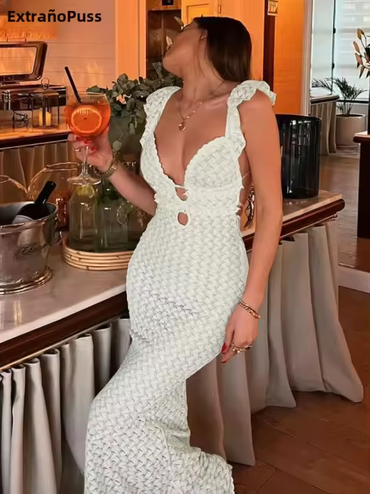 Vestido Elegante De Verano Para Mujer Con Encaje Y Volantes Doble Capa Espalda Descubierta Con Tirantes Slim Chic Para Fiestas - 1