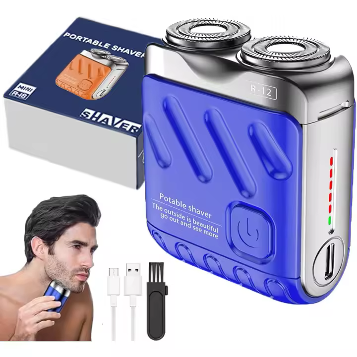 Afeitadora eléctrica portátil de doble anillo rotatorio, mini afeitadora recargable para equipaje para hombres, cortador magnético, diseño impermeable, fácil de limpiar para el hogar y viajes (naranja) - 1