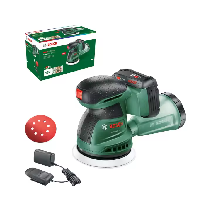 Lijadora excéntrica Bosch EasyOrbit 18V-10 a batería (lijado de madera, superficies barnizadas y pintadas de pequeñas a medianas; diámetro: 125 mm; batería y cargador de 2,0 Ah) - 1