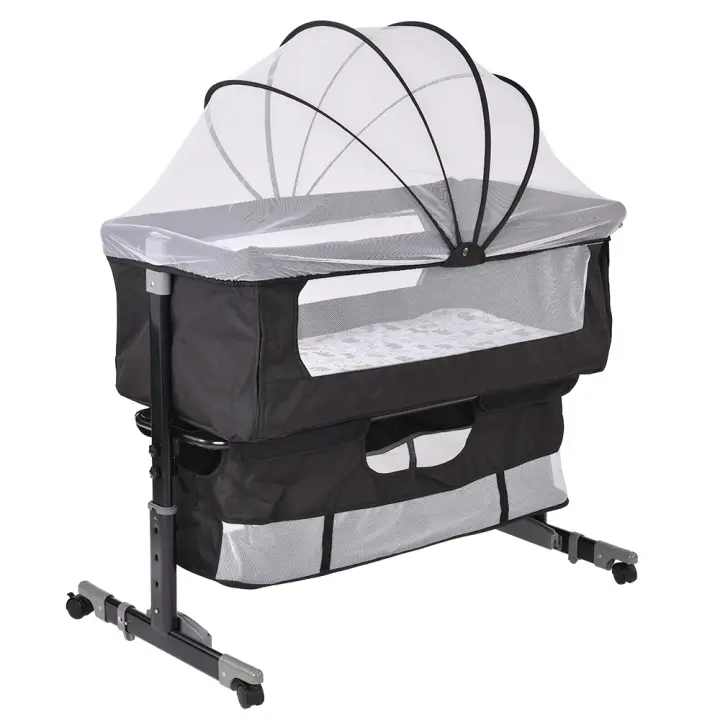 Aqrau Cuna para bebé, moisés, cama lateral, plegable, regulable en altura, con ruedas, mosquitera, 92*58*70-87cm, gris - 1