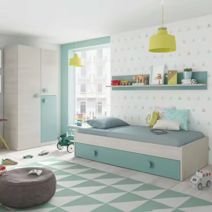 Pack Muebles Dormitorio Juvenil Cama Nido Estante y Armario ropero Verde y Blanco 90x190 cm Sin Somier - 1