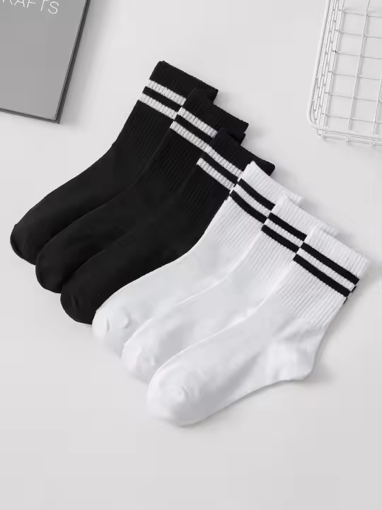 Conjunto De 6 Pares De Medias De Manga Media Para Mujer En Negro Y Blanco Absorbentes De Sudor Transpirables Y Versátiles - 1