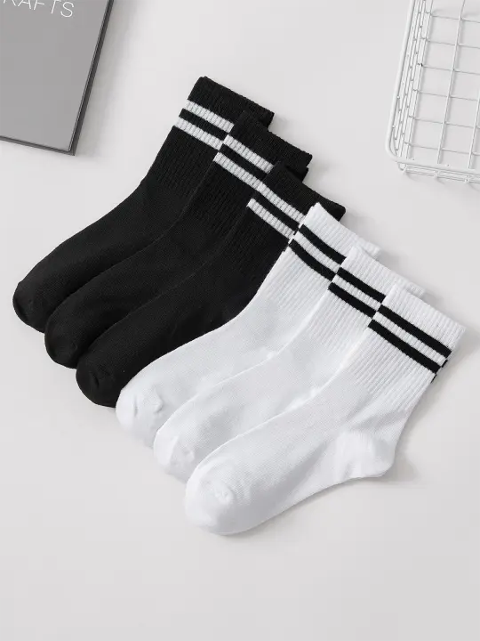 Conjunto De 6 Pares De Medias De Manga Media Para Mujer En Negro Y Blanco Absorbentes De Sudor Transpirables Y Versátiles - 1
