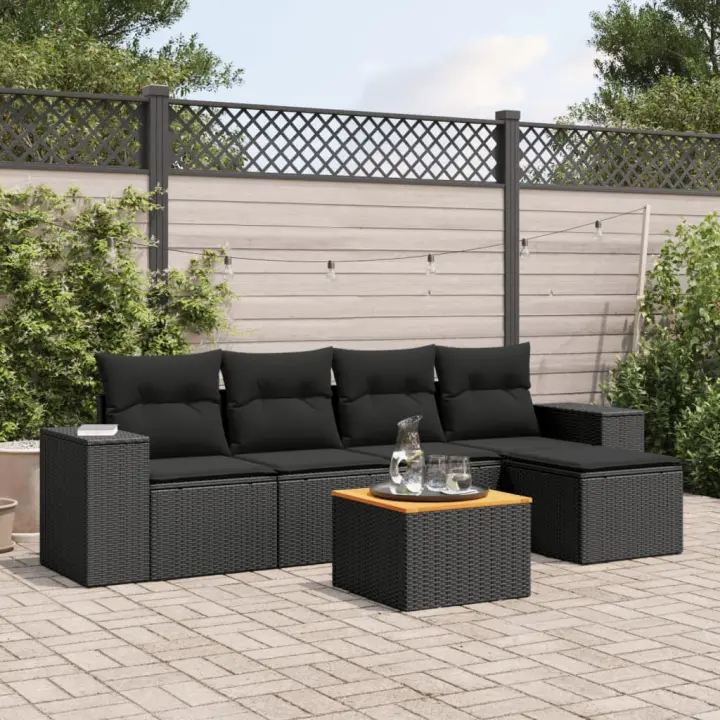 vidaXL Set de sofás de jardín 6 piezas y cojines ratán sintético negro - 1
