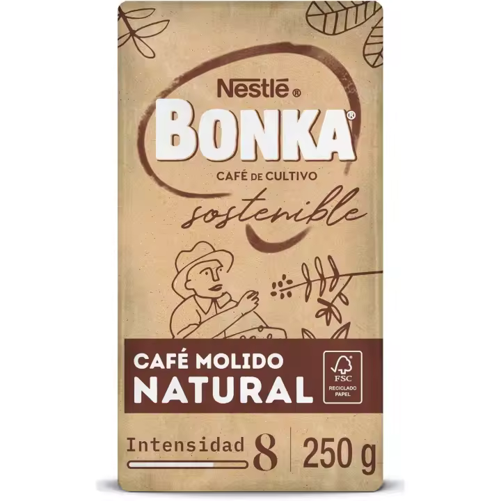 Café Molido Natural 250 g - 8 paquetes Bonka Molido Natural es un café de carácter seductor y cuerpo pleno. - 1