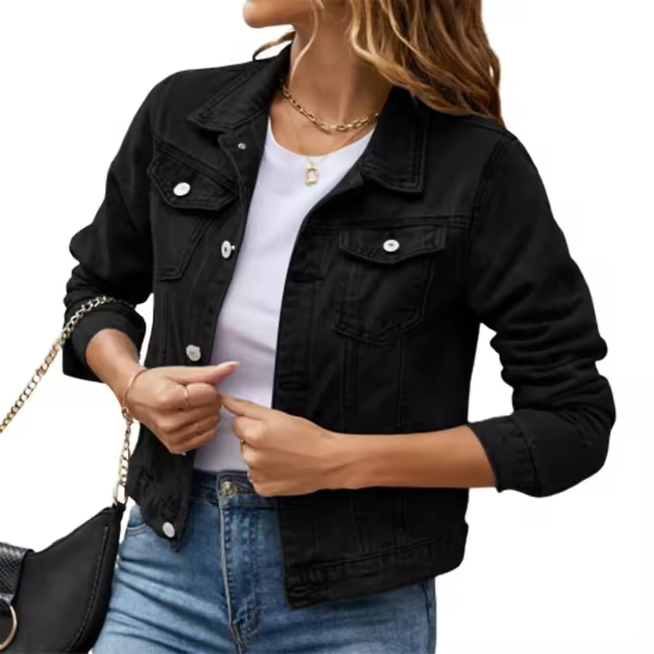 Botón de las mujeres abajo manga larga recortada denims Jean chaqueta con bolsillos - 1