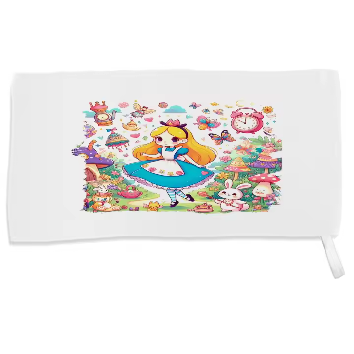 MERCHANDMANIA TOALLA PEQUEÑA ABSORBENTE alicia en el pais de las maravillas cuento niños suave personalizada con cinta elastica - 1