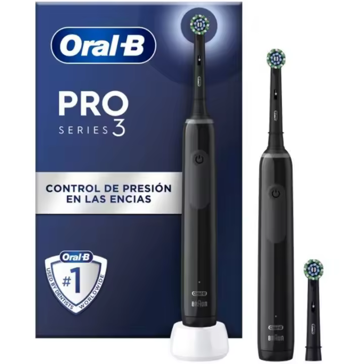 Cepillo Dental Eléctrico Braun Oral-B Series Pro 3 con 4 Cabezales El cepillo dental eléctrico Braun Oral-B Series Pro 3 ofrece una limpieza profunda con tecnología 3D, control de presión de 360° y temporizador integrado, e incluye 4 cabezales para una - 1