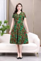 Vestido Midi Vintage De Verano Para Mujer Con Cuello En V Y Estampado Casual A-Line Manga Corta Cintura Ajustada - details 13