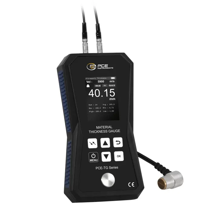 Comprobador de material con memoria / Sonda de alta temperatura hasta 350 ºC / Ajuste de la velocidad de ultrasonido / Estándar de calibración integrado en la carcasa / Rango de medición hasta 300 mm / Alarma de valores límite / PCE Instruments - 1