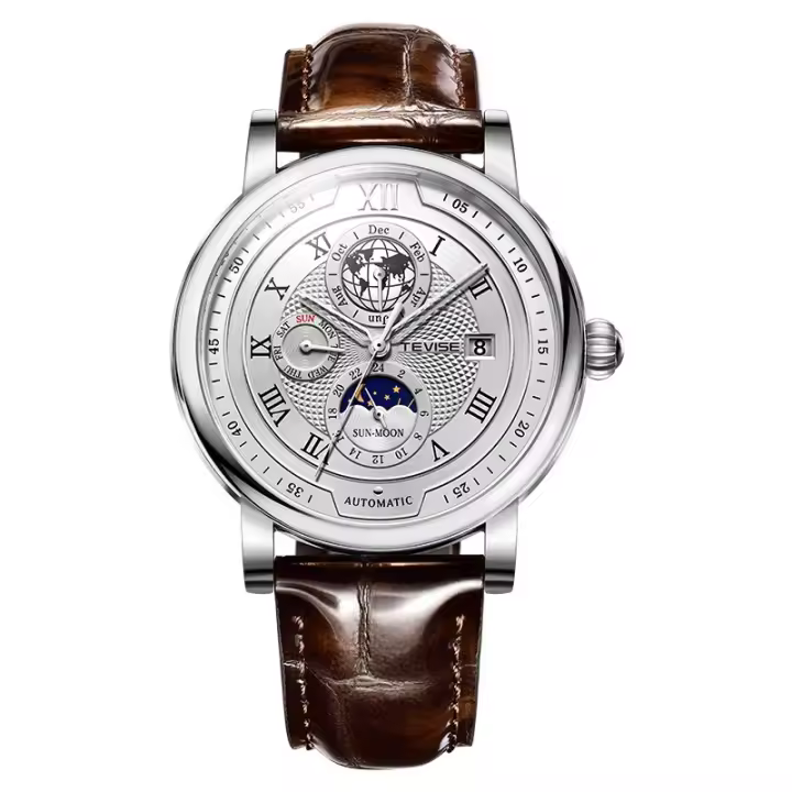 Reloj Mécanico Para Hombre TEVISE 2025 Resistantes Al Agua Con Fase Lunar Cuero De Lujo Automático De Marca Top Reloj De Pulsera - 1