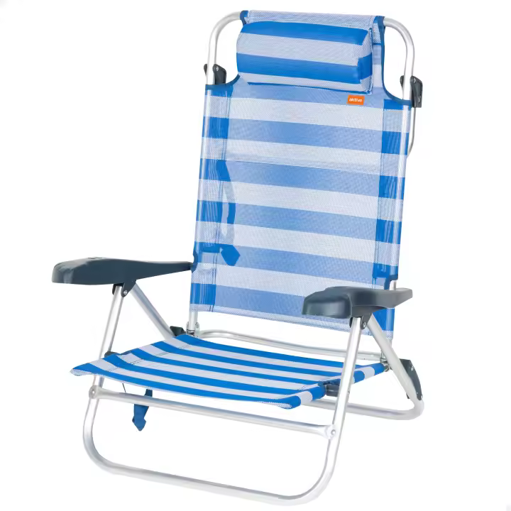 Aktive - Silla de playa plegable, 47x49x82 cm, respaldo 8 posiciones, aluminio y textileno, asiento bajo, incluye cojín acolchado, sin tubo delantero, asa de transporte, silla reclinable de playa, multiposición, silla playa plegable ligera - 1