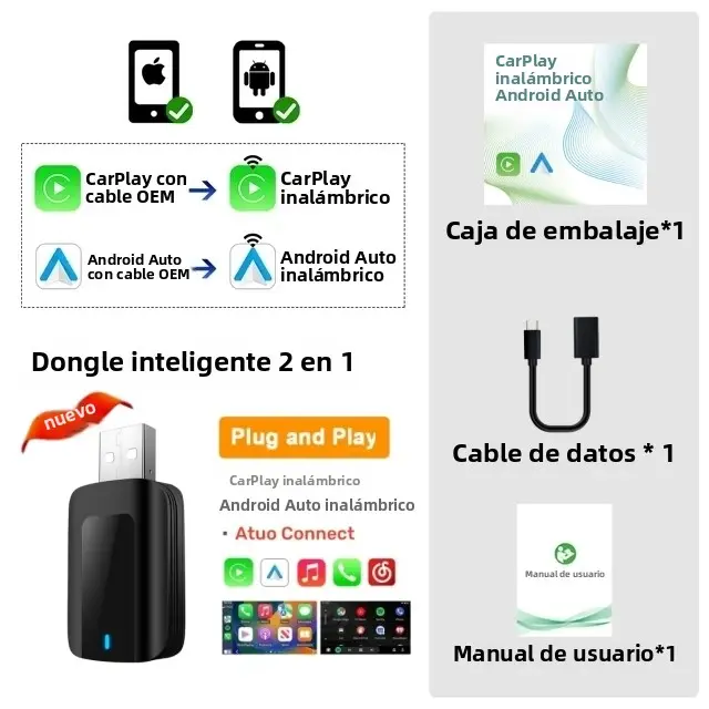 Adaptador Wireless Carplay Android Auto 2en1 Dongle Inteligente 2024 5G WIFI Para iPhone Y Android Compatible Con Volvo Benz MG Kia Chery VW - 1