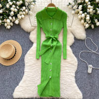 Vestido De Punto Para Mujer REALEFT Otoño Invierno Con Cinturón Cuello Polo De Mano Sola Manga Larga Ajuste Cintura Alta Vestido De Trabajo - details 0