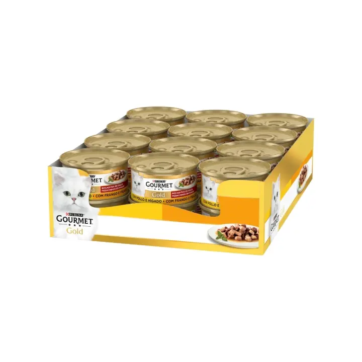 GOURMET - Gold Bocaditos en Salsa (24x85 gr) - Comida Húmeda en Lata (Pollo e Higado) - 1