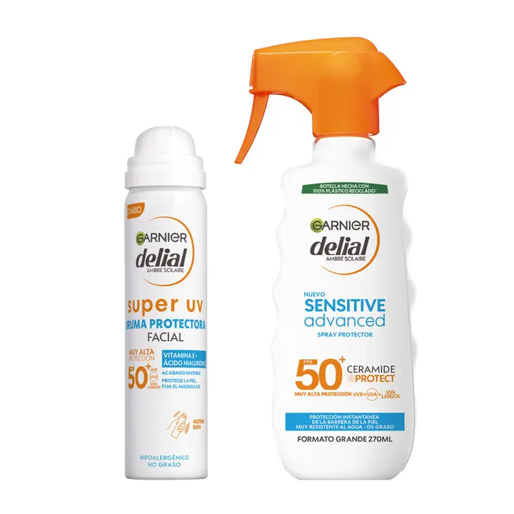 GARNIER | Delial Pack SUPER UV FPS50+ Bruma Protectora Facial con Textura Invisible +Spray Protector Sensitive Advanced Adultos crema solar para pieles claras, sensibles e intolerantes al sol IP50+. Muy resistente al agua, 0% graso, 0% pegajoso - 40+270ML - 1