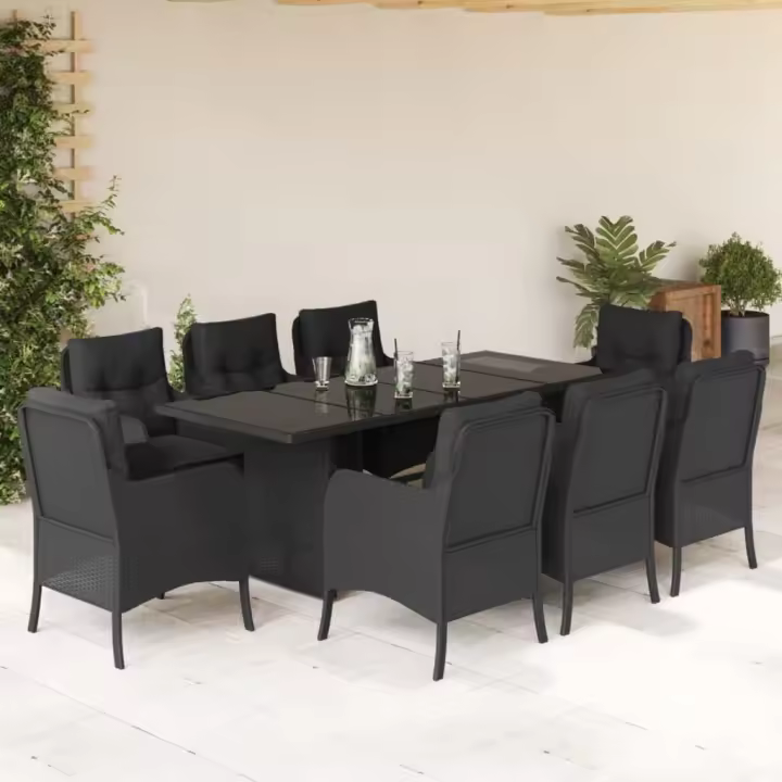 vidaXL Set de comedor de jardín 9 pzas y cojines ratán sintético negro - 1