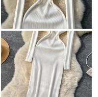 Vestido Largo Elegante De Otoño Invierno Para Mujer Con Cuello Haltera Y Cintura Ajustada Vestido Bodycon Coreano Para Oficina Vestidos De Suéter - details 7