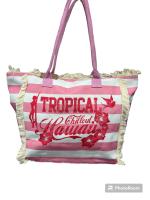 MEJORADA Bolso de playa o piscina grande con estampados de RAYAS con frases de bendiciones,con fleco de borla blanco de algodon,tamaño 55*37*19CM.contiene bolsillos interior y forros.tejido 100% poliéster - details 0