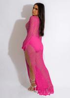 Vestido Midi Bodycon De Encaje Con Borlas Y Manga Larga Para Mujer Estilo Playa Fashion Hollow out Y Abertura Lateral Alta - details 23