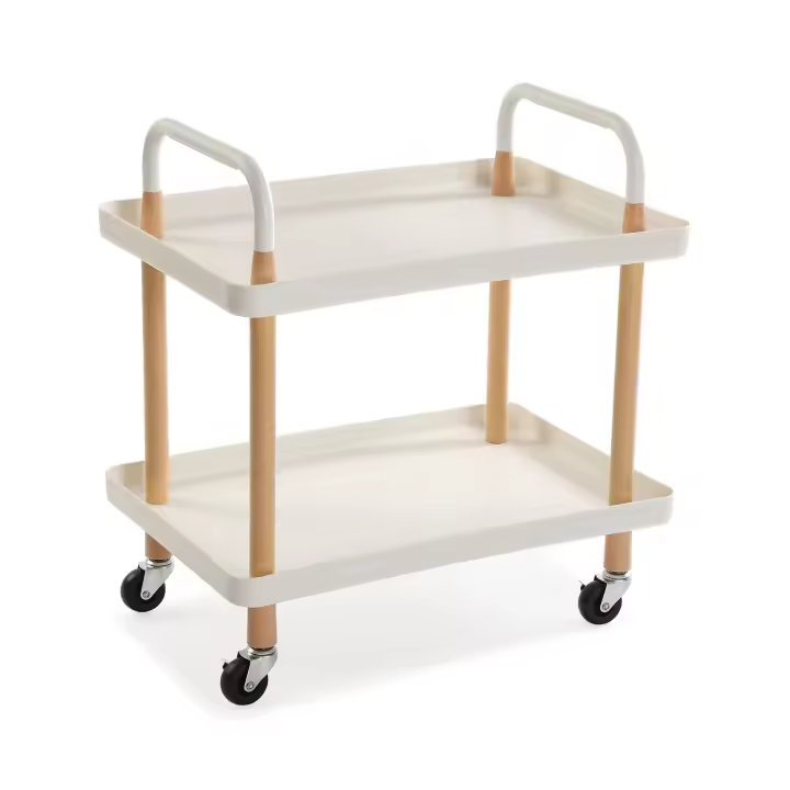 Versa Skuvoy Mueble para el Baño Auxiliar, Carro o Carrito de Almacenaje, con 2 estantes y ruedas, Medidas (Al x L x An) 55 x 36 x 53,5 cm, Metal y Plástico, Color Blanco y marrón - 1