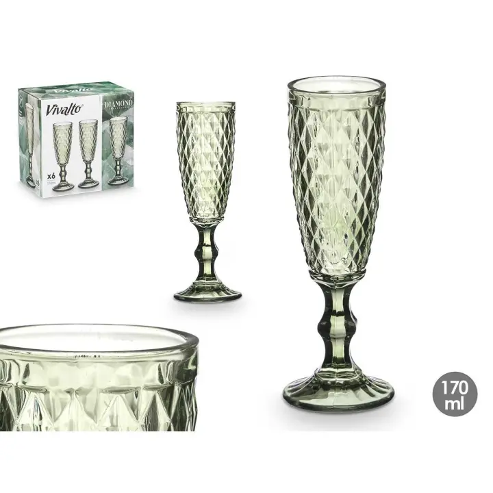 Arte Regal Set 6 Copas Cava Diamante Verde 170 ml 7 x 7 x 20 cm - 1