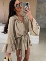 Vestido De Mujer Con Cuello En V Volante Irregular Manga Larga Con Cierre De Lazo Longitud Mini Estilo Oficina Lady - details 2