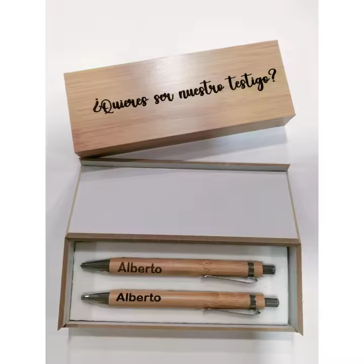 SET TESTIGOS ESTUCHE BOLIGRAFO + PORTAMINAS EN MADERA PERSONALIZABLE CON FRASE - 1