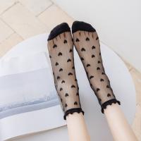 Calcetines De Verano Para Mujer Lolita Con Cristalina Delgada En Vidrio Y Encaje Francés Ruffle Al Final De La Rodilla Con Rayas De Corazón Translúcidos Para Niñas - details 6