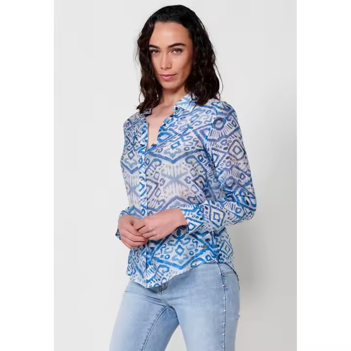 Koroshi Camisa voile de manga larga y cuello camisero con bajo redondo y cierre central con botones y estampado cachemir con placa metálica con logo Koröshi para mujer de color azul - 1