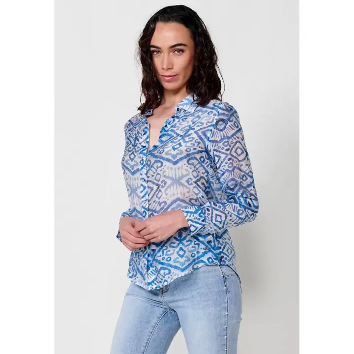 Koroshi Camisa voile de manga larga y cuello camisero con bajo redondo y cierre central con botones y estampado cachemir con placa metálica con logo Koröshi para mujer de color azul - 1