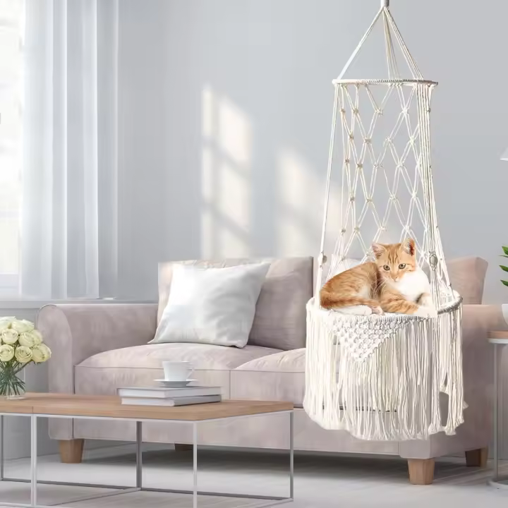 Cama para gatos de macramé, cama colgante para mascotas de macramé, hamaca tejida para gatos para colgar en el techo, mascota, hamaca, hamaca para gatos de macramé con borla - 1