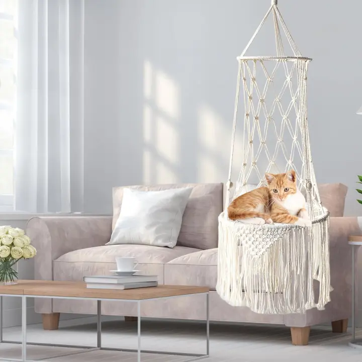Cama para gatos de macramé, cama colgante para mascotas de macramé, hamaca tejida para gatos para colgar en el techo, mascota, hamaca, hamaca para gatos de macramé con borla - 1