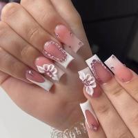 Juego De 24 Uñas Postizas Con Diseño De Flor Y Forma De Coffin Largas Ballerina Frases Francesas Acrílicas Cubiertas Por Encima Para Uñas Artísticas - details 9