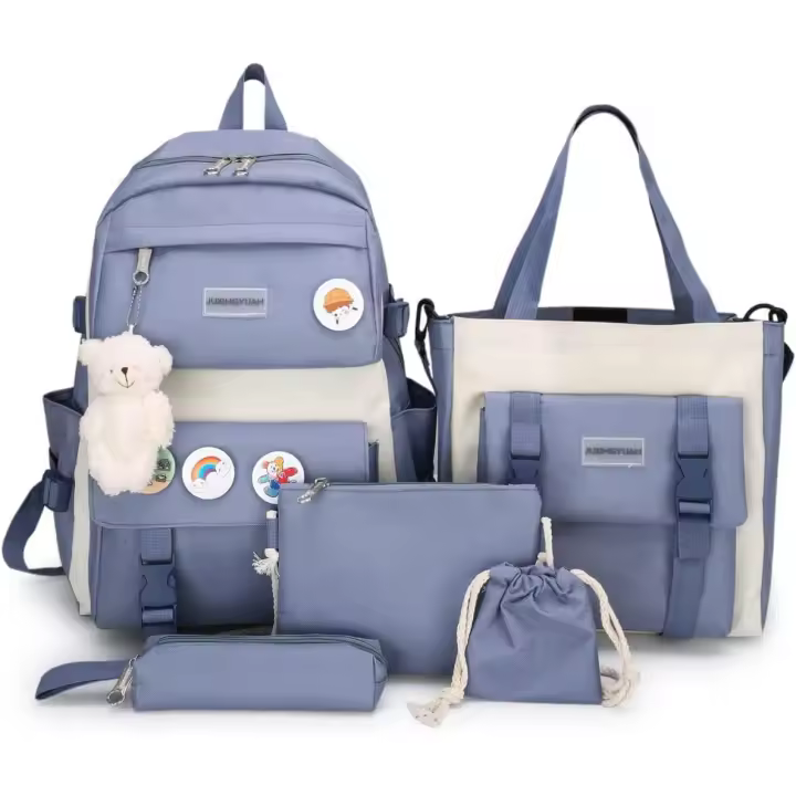 Mochila Escolar de 5 piezas para adolescentes, de Lona, de color lyso, para Mujeres, adolescentes y estudiantes, color Azul - 1