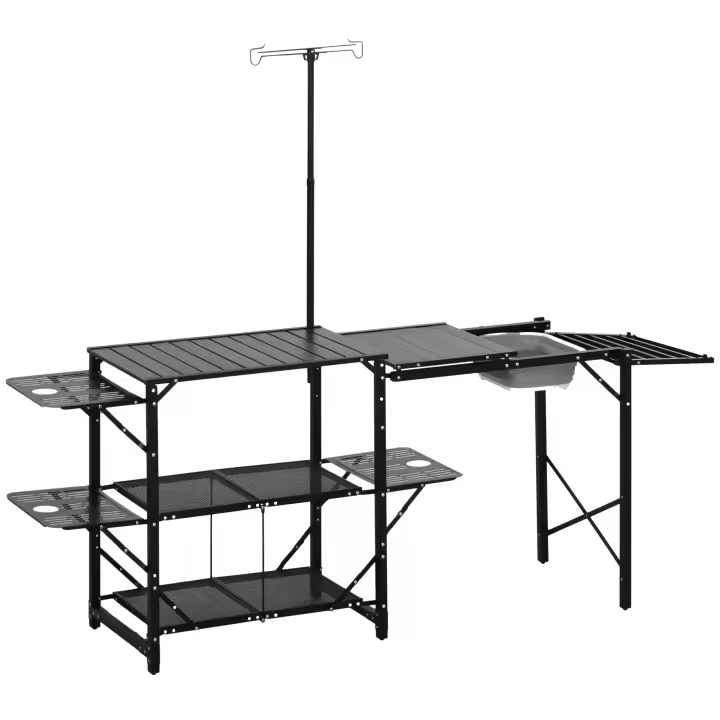 Outsunny Mesa de Cocina de Camping de 3 Niveles Mesa de Camping Plegable Portátil con Estantes de Almacenaje Fregadero Soporte para Lámpara y Bolsa de Transporte para Exterior 173x52x80-174 cm Negro - 1